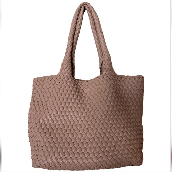 Taupe Woven Tote Bag With Matching Zipper Pouch - Picture 1 of 6